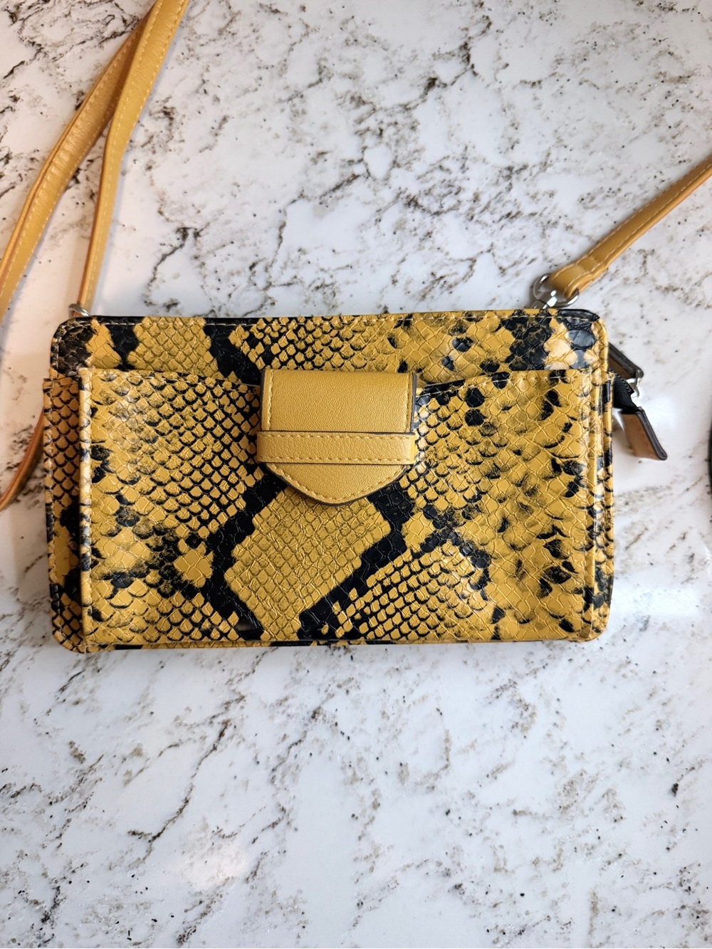 Enzo Angiolini Crossbody Organizer Clutch Wallet in a bold yellow Snake Print